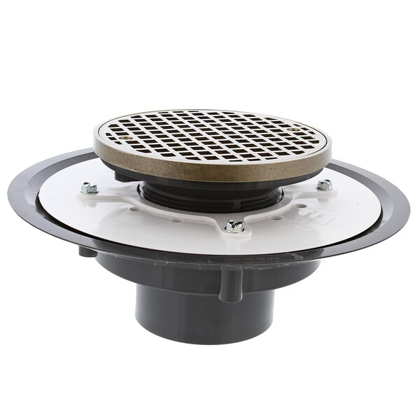 Jones Stephens 3in. Heavy Duty PVC Drain Base with 3-1/2in. Plastic Spud and 6in. Nickel Bronze Strainer with Ring D50054 - main